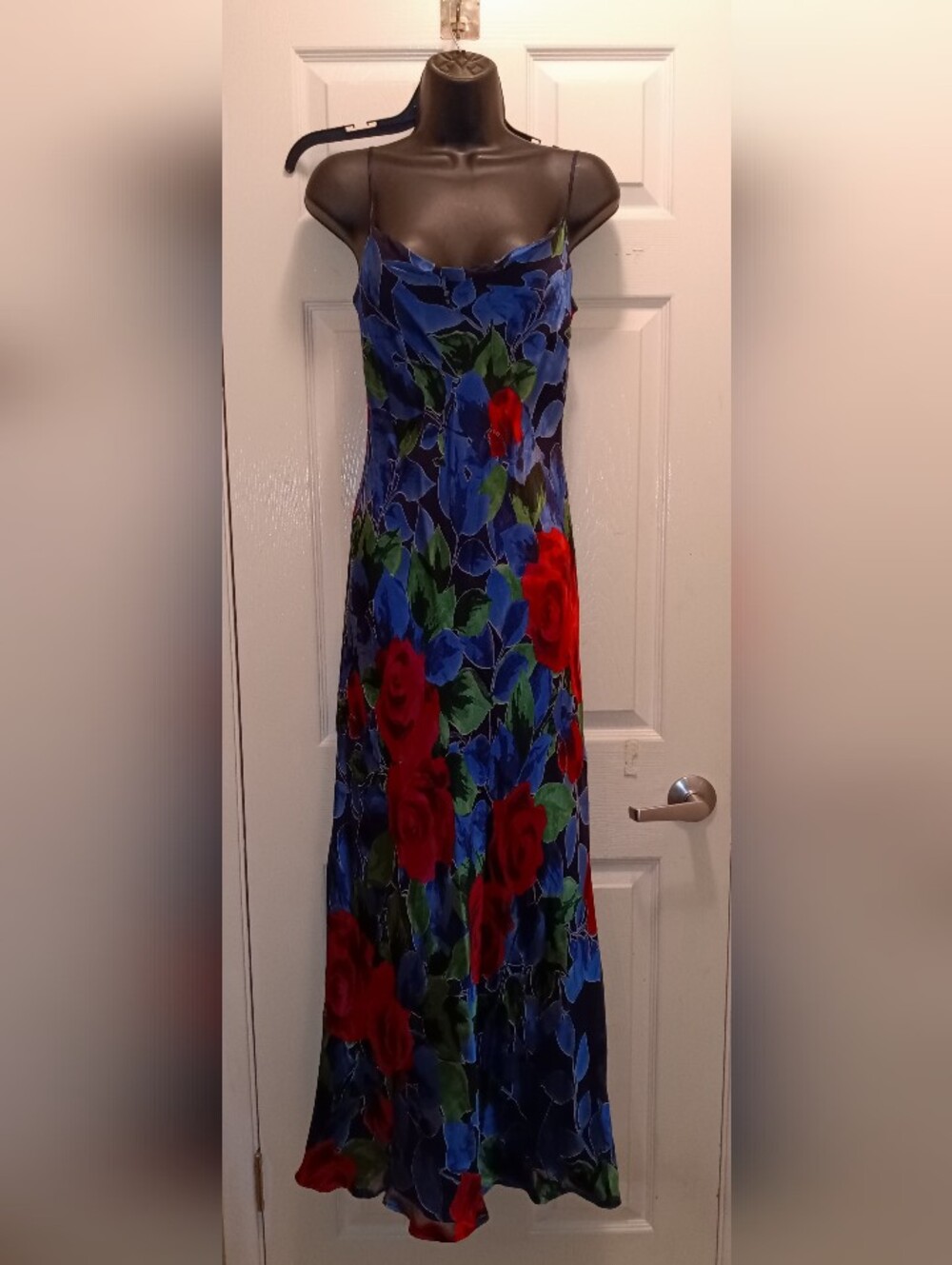 Monsoon Blue Floral Slip Maxi Dress with Red Rose Accents